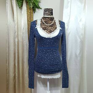 ♡ Y2K ♡ Hollister Blue & White Empire Waist Bird Logo Print Babydoll Henley
